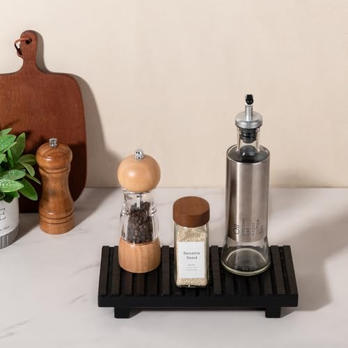 Bathroom Tray Rustic Farmhouse Decor Wood Stand, 10" * 4.5" Black | Waterproof, Lightweight, Easy Clean, Wood Riser Kitchen soap holder Accessories for Office Desk, Vanity, Counter, Sink - color: Black, size: 10" x 4.5" x 1.6"
