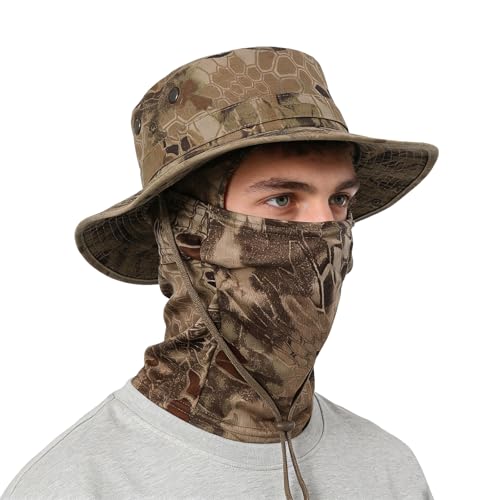 2PCS Camo Boonie Hat Balaclava Face Mask Wide Brim Sun Hat for Hunting Hiking Bucket Cap with Adjustable Strap - color: Yellow