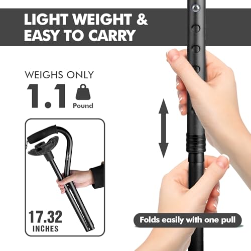 Self Standing Walking Cane Quad Base for Seniors | Lightweight aluminum, foldable design, 31–36 in adjustable height, EVA offset handle, self-standing quad base - color: Dark Blue