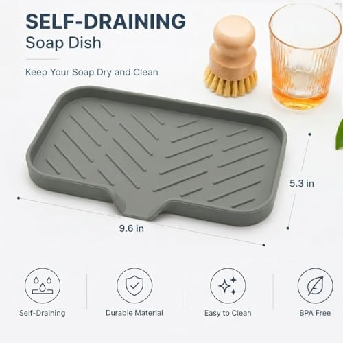 MicoYang Silicone Soap Dish with Drain Spout — Self-Draining Sink Organizer Tray for Bathroom & Kitchen, Sponges, Dispensers & Soap Holder, Non-Slip & Dishwasher Safe, Grey (Medium, 9.6"×5.3") - color: Grey, size: M(9.6"×5.3")