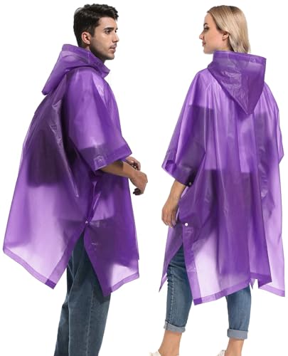 Reusable Rain Ponchos with Drawstring Hood for Adults, Waterproof Thicken Rain Coat, 2 Packs - color: Purple (2-pack)