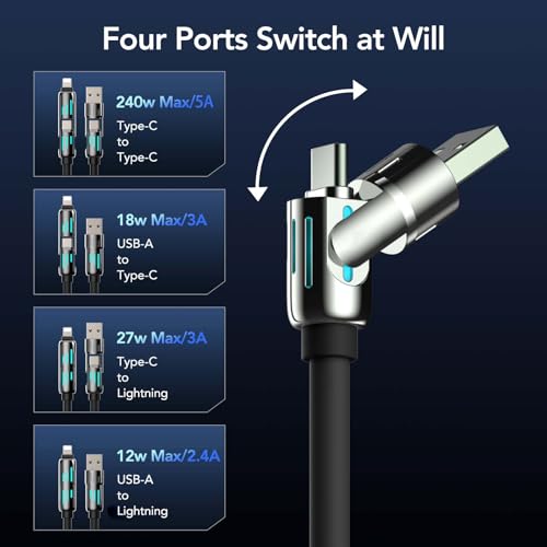 MFish 240W 4-in-1 Fast Charging Cable, Black, 6.6FT | Carrying Case, USB-A & USB-C to USB-C/Lightning, For iPhone 17/16/15/14, MacBook, iPad, Laptop, Samsung S25/S24 - color: Black, size: 6.6Ft