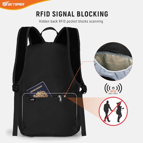 SKYSPER Small Packable Hiking Backpack 20L Anti-theift Travel Daypack | RFID Ultralight Foldable Walking Backpack with Water Bottle Holder, Nylon, Multi-compartment, Everyday Carry for Men Women - color: Black