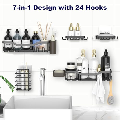 NESOMI 7-Pack Shower Caddy Adhesive,Stainless Steel Shower Organizer Shelf | Rustproof, with Soap Dish Toothbrush Holder, Large Capacity, No-Drill Rack Bathroom Storage Accessories, 24 Hooks, Home Decor - color: Black, size: 7-Piece Set