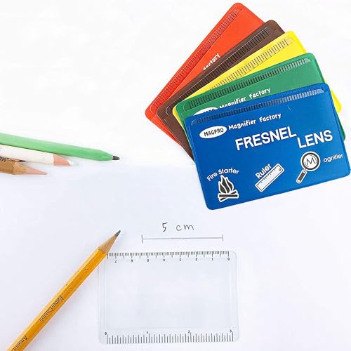 MagDepo 6 Pack Credit Card Size Magnifier Ruler Fresnel Lens Fire Starter Compact Plastic Magnifying Lens Wallet Pocket Magnifier for Reading Small Print, Maps, and Books -Red - color: Red
