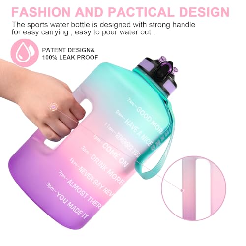 SLUXKE 1 Gallon Motivational Sports Water Bottle with Time Marker, BPA Free 128oz Leak Proof Jug, Black, Plastic, 128 ounces, Fitness, Sports, Outdoor Activities - color: Green Pink Purple