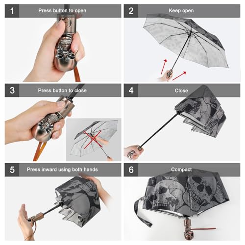 Skull Handle Windproof Travel Umbrella Compact Portable, Auto Open Close | Luxury Gothic Skull Grip with One-Touch Automatic Open, Wind Resistant and Sturdy for Rain, Lightweight to Carry Daily - color: 03.Gothic