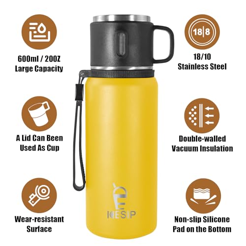Stainless Steel Insulated Bottle, 20oz with cup Vacuum Insulated Water Bottle, Thermo for Hot Drinks/Cold Drinks,24-Hr Insulation Commute, Travel - color: Yellow, size: 20 Ounces