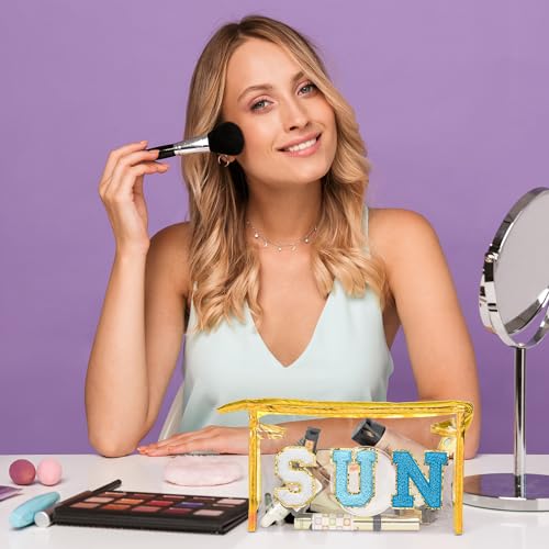 Y1tvei Clear SUN Makeup Bag - Preppy Blue SUN Chenille Varsity Letter Cosmetic Bag PVC Transparent Zipper Waterproof Beach Makeup Carry Pouch Portable Travel Toiletry Organizer for Women(Gold) - color: Blue SUN Gold