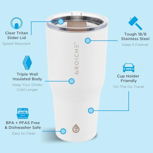 GROSCHE Yukon Triple Insulated Coffee Travel Mug with Lid, 30oz Cream White - color: Cream White, size: 30 Ounces