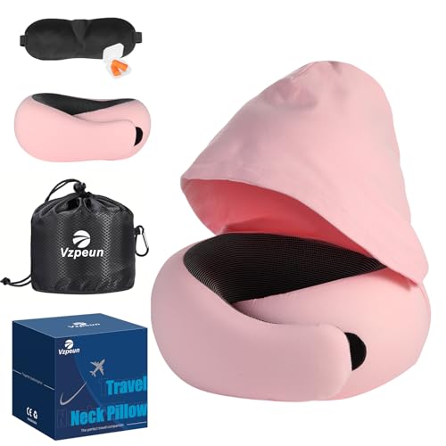 Travel Pillow - Hooded Neck Pillow Airplane Memory Foam Filling | for Plane, Office, Cars Sleeping, Road Trip, Long Flights Essentials, Includes Eye Mask & Earplugs (Pink) - color: Pink