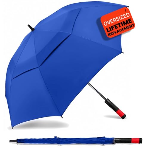 62/68/72 Inch Large Golf Umbrella Windproof Waterproof Auto Open | Oversized Double Canopy Vented, 210T Waterproof Pongee Fabric, Light Fiberglass Frame, Unique Red Foam Handle - color: Royal Blue-Red Handle, size: 62"