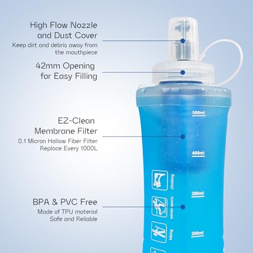 GUYI 1.0L Collapsible Water Filter Bottle, Removes Impurities, BPA Free, Ultralight for Hiking, Camping, Cycling & Travel-Blue - color: 1000ml, Blue