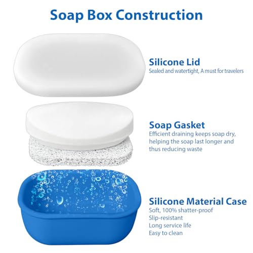 Leakproof Silicone Travel Soap Case with Drainage Layer, Silicone Bar Soap Holder Compact Portable Shatterproof Soap Container Box for Bathroom Gym Camp Travel Toiletries (KleinBlue, Clear Lid) - color: Kleinblue, size: Clear Lid
