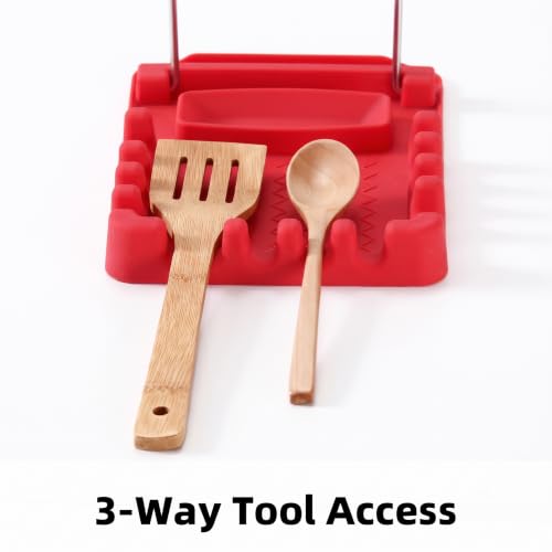 Silicone Utensil Rest with Foldable Stainless Steel Lid Holder – Multi-Slot Spoon & Spatula Holder, Heat Resistant, Non-Slip Rubber Feet, Dishwasher Safe, Space-Saving Kitchen Tool-Red - color: Red