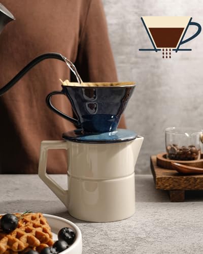 Pour Over Coffee Maker, Single Cup Ceramic Coffee Dripper, Reusable Filter Cone Drip Holder Slow Brewer with Hole Flat Bottom for Home, Office, Travel, Camping (Blue) - color: Blue