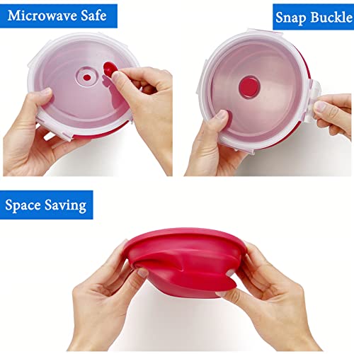 1200ml Large Camping Bowl with Foldable Spoon, Collapsible Bowl With Lid, Silicone Bento Box Container, For Travel Camping Meal Prep & Food Storage, Microwave Dishwasher Safe, Red - color: Red