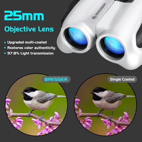 BRESSER 10x25 Binoculars for Adults and Kids, Folding Compact Binocular with Weak Light Vision, Lightweight Small Binoculars for Bird Watching, Travel, Concerts, Hunting, Hiking (White) - color: White