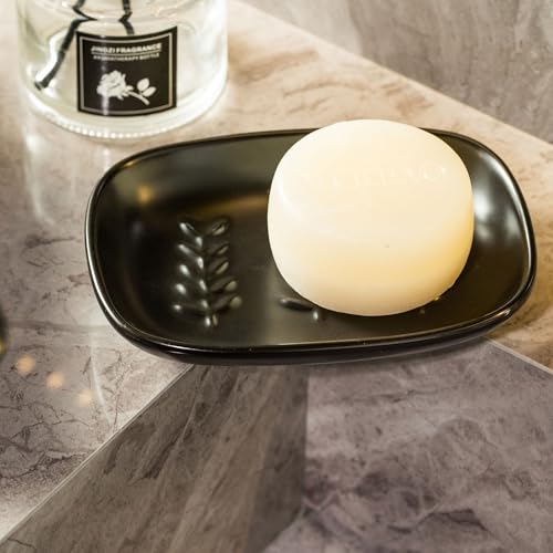 Miamolo Soap Dish for Bathroom, Bar Soap Holder for Shampoo Bars, Sponges | Raised Ridges Drain, Soap-Saving | Ceramic Soap Sver Dishwasher Safe, Fit 1-2 Large Bars | Bath Counter & Kitchen Sink, Black - color: Black, size: Leaf Design