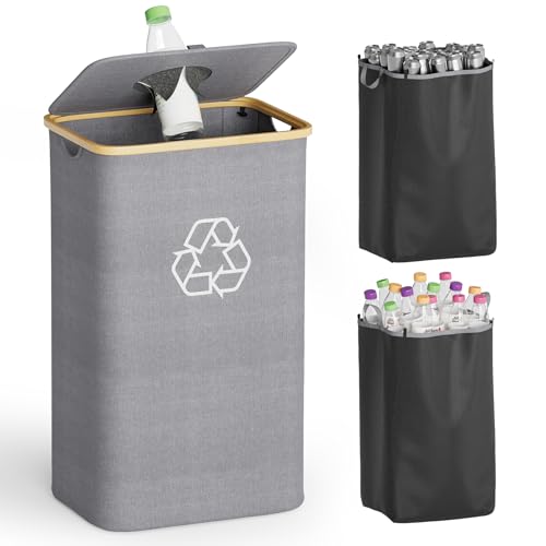 SpaceAid Recycling Bin for Kitchen 26 Gallon, 100L Recycle Bin with Lid and 2 Reusable Inner Bags, for Bottle Can Glass Plastic Stickers, Grey - color: Grey