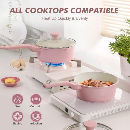 SENSARTE Ceramic Nonstick Saucepan with Lid 1.5 QT, PTFE/PFAS Free, Pink | Small Kitchen Cooking Pot with Stay Cool Handle, Induction Compatible, Ceramic Coating - color: Sakura Pink, size: 1.5 Quarts