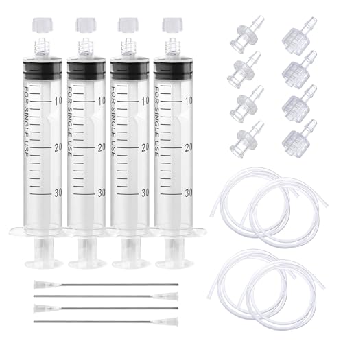 4Pack 30ml Plastic Syringe with 39in Tubing, 4 Sets 3.2mm Luer Adapters, Clear Dispensing Syringe for Oil Extraction, Plant Watering, Hobby Crafts, Liquid Transfer Fluid Pump Tool - size: 30 ML