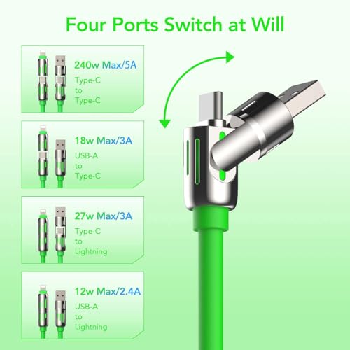 MFish 240W 4-in-1 Fast Charging Cable, Green, 6.6FT | Carrying Case, USB-A & USB-C to USB-C/Lightning, For iPhone 17/16/15/14, MacBook, iPad, Laptop, Samsung S25/S24 - color: Green, size: 6.6Ft