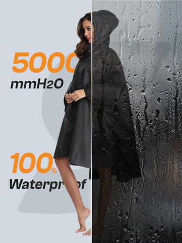 SaphiRose Adult Rain Poncho Waterproof Hooded Zipper Raincoat with Pockets - color: Black