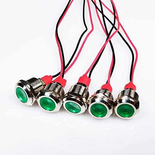 Gebildet 5pcs 12mm LED Metal Indicator Light AC/DC 12-24V Waterproof Signal Lamp Pilot Dash Directional with Wire(Green) - color: Green AC/DC 12-24V
