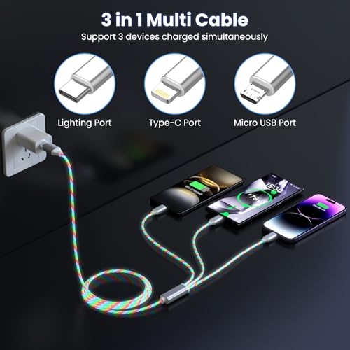 3-in-1 Light Up LED Flowing Lightning/Type C/Micro USB Car Glowing Charge Cable for iPhone,Colorful Multi RGB Car Charger Cord for Apple iPhone 14/13/12/11 Pro Max/XR/XS/SE,iPad/Android/Samsung-4FT - color: Multicolored