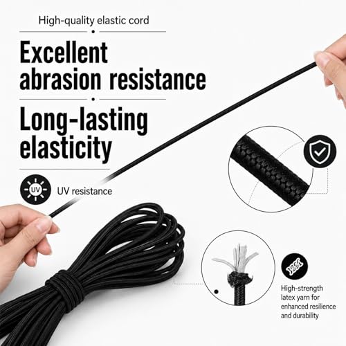 3/32 Inch Black Nylon Bungee Cord 2.5mm 32.8 Ft Heavy Duty Elastic Shock Cord Stretch String Rope for DIY Craft Sewing Camping Luggage Tie Downs Outdoor Use