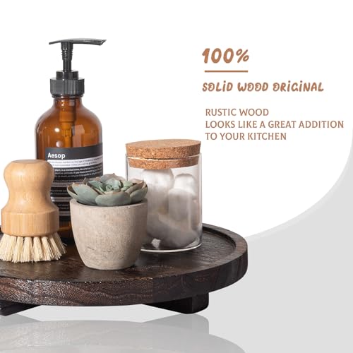 Round Decorative Tray Farmhouse Kitchen Decor Soap Dish, 10" Dark Brown | Waterproof, Lightweight, Easy Clean, Wood Riser Pedestal Stand Accessories for Office Desk, Vanity, Counter, Sink - color: Dark Brown, size: 10"
