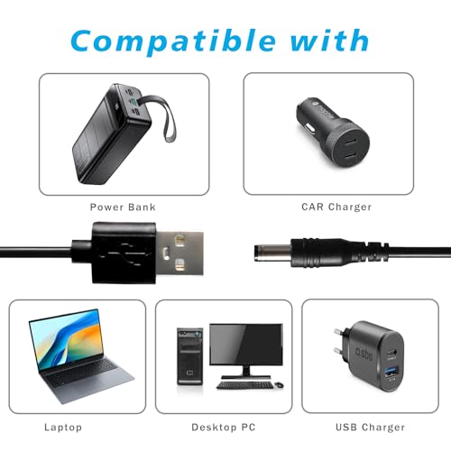 USB to DC 5V Power Cord, Universal DC 5.5x2.1mm Charging Cable with 9 Interchangeable Connectors Adapter for Moon Lamp, Massage Wand, Router, LED Light, Mini Fan, Speaker and More Devices (Black) - color: Black