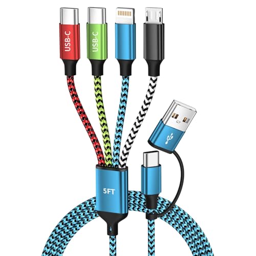4 in 2 Multi Charging Cable, USBA/C Universal Charging Cords 1 Pack 5FT | Dual Type C Port Phone Charger Cord for Multiple Devices, Travel Charger for iPhone 17-8/Galaxy/Tablets/PS Home,Office,Car - color: Red&Green&Blue&White