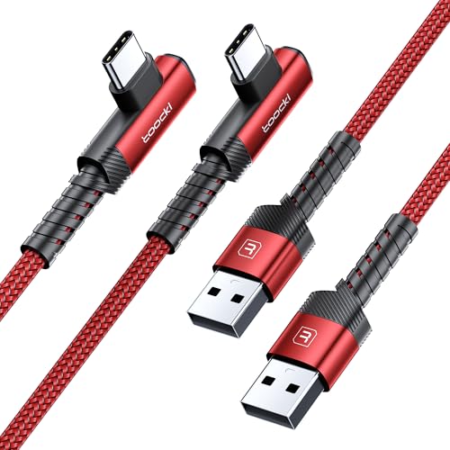 toocki USB C Cable Right Angle, 2-Pack 6.6ft USB A to USB C Charger Cable | Red, 90 Degree, Braided, Fast Charging, Carpaly Cord for iPhone17 Series, Samsung Galaxy S25/ S24+/Note 10, LG V30, Switch - color: Red, size: 6.6FT+6.6FT