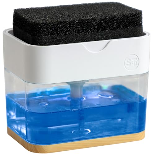 S&T INC. Dish Soap Dispenser and Sponge Holder, Plastic Bamboo and White - color: White and Bamboo