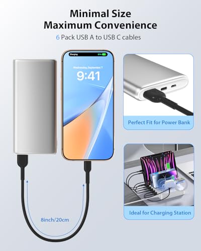SOOPII Short USB C Cable,6 Pack 8 Inch USB A to USB C Cables,Short Type C Fast Charging Cables,Compatible with lPhone,Galaxy,lPad,Laptop,Charging Station and Power Bank Accessory(Black) - color: Black, size: A to C-6P(18W)