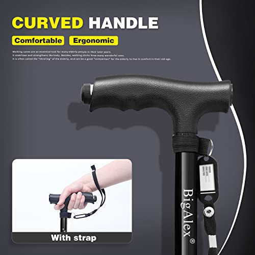 BigAlex Folding Walking Cane with LED Light,Pivoting Quad Base,Adjustable Walking Stick with Carrying Bag for Men/Women - color: Black(5'5"-6'3")