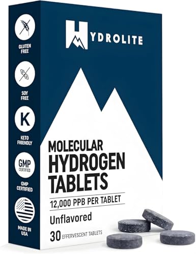 HydroLite Molecular Hydrogen Tablets for Drinking Water | Highest Concentration H2 12,000 PPB | Antioxidant, Detox | Made in USA, 30 Tablets (Unflavored)