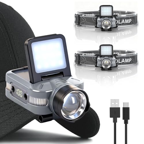 Foleto 2-Pack Rechargeable Hat Clip Lights, 900 Lumens Zoomable & Dimmable LED Headlamp Flashlight with 180° Adjustable Clip, 6 Modes, Long Battery Life for Running, Camping, Hiking, Working