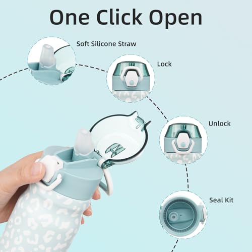 BJPKPK 14 oz Insulated Water Bottle, Straw, Handle, Stainless Steel Flask | Leak Proof Locking Lid, Double Wall Vacuum, Keeps Hot/Cold, BPA Free, Travel & Sports, Light Blue Leopard - color: A-Light Blue Leopard, size: 14 Ounces