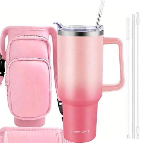 40oz Travel Tumbler with Handle and Straw, Water Bottle with Carrier Bag - color: Rose