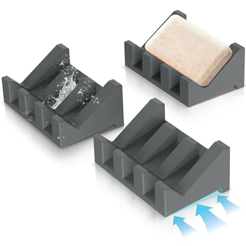 Silicone Soap Dish,3PCS Self Draining Bar Soap Holder,Dark Gray | Self draining silicone soap dish with drainage,waterfall design keeps bar soap dry,extended soap holder for shower,bathroom - color: 3*gray