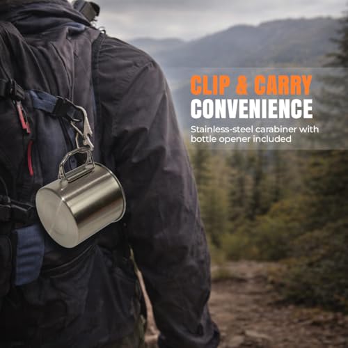 Tactiko 304 Stainless Steel Camping Mugs with Carabiners | Heavy-Duty | Large Metal Coffee Cup or Solo Cook Pot w/ Folding Handle | Backpacking Gear for Hiking, Overlanding & Survival | 18 oz/550ml