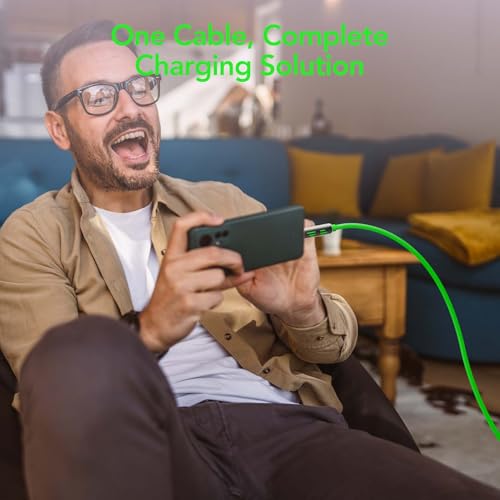 MFish 240W 4-in-1 Fast Charging Cable, Green, 6.6FT | Carrying Case, USB-A & USB-C to USB-C/Lightning, For iPhone 17/16/15/14, MacBook, iPad, Laptop, Samsung S25/S24 - color: Green, size: 6.6Ft