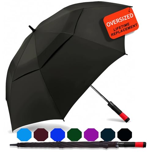 62/68/72 Inch Large Golf Umbrella Windproof Waterproof Auto Open | Oversized Double Canopy Vented, 210T Waterproof Pongee Fabric, Light Fiberglass Frame, Unique Red Foam Handle - color: Black-Red Handle, size: 62"