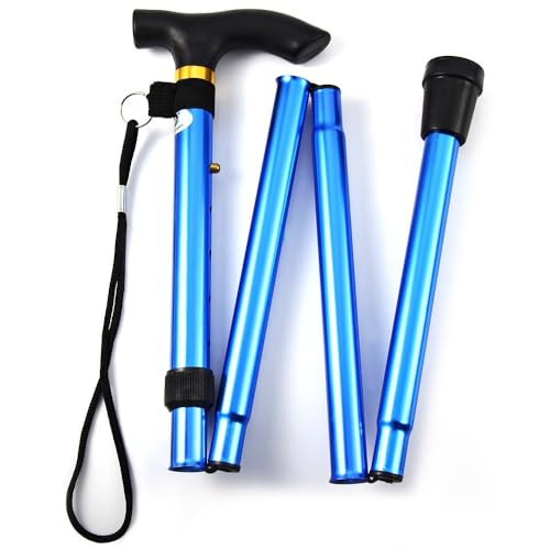 Folding Lightweight Walking Stick - Adjustable Aluminum Metal Collapsible Travel Cane with Non-Slip Rubber Base - color: Blue