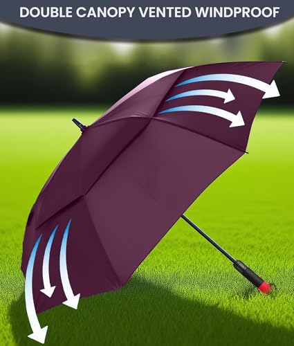 62/68/72 Inch Large Golf Umbrella Windproof Waterproof Auto Open | Oversized Double Canopy Vented, 210T Waterproof Pongee Fabric, Light Fiberglass Frame, Unique Red Foam Handle - color: Wine Red-Red Handle, size: 62"