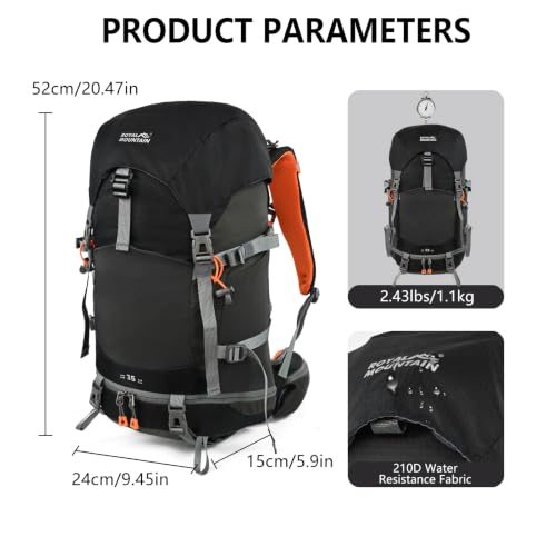 Hiking Backpack for Women Men,30+5L Waterproof Camping Backpacking Backpack | Lightweight Hiking Backpacking Packs for Outdoor Traveling Trekking,35L Internal Frame Backpack with Rain Cover - color: Black