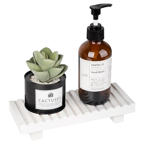 Bathroom Tray Rustic Farmhouse Decor Wood Stand, 8.6" * 3.6" White | Waterproof, Lightweight, Easy Clean, Wood Riser Kitchen soap holder Accessories for Office Desk, Vanity, Counter, Sink - color: White, size: 8.7" x 3.6" x 1.6"